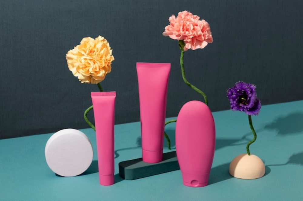 粉色化妆品容器和鲜花分类