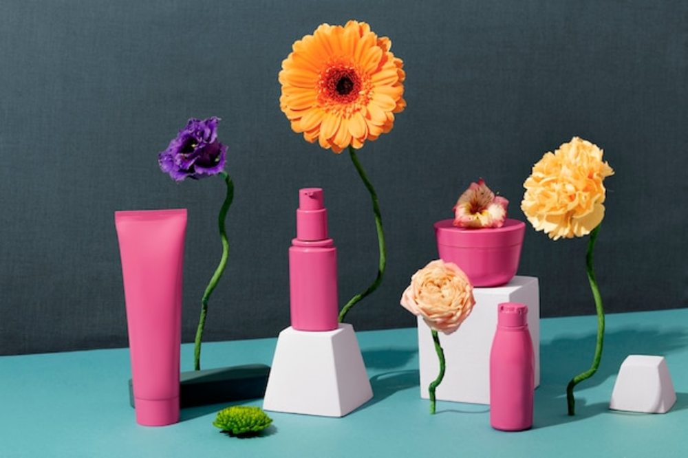 粉色化妆品容器和插花